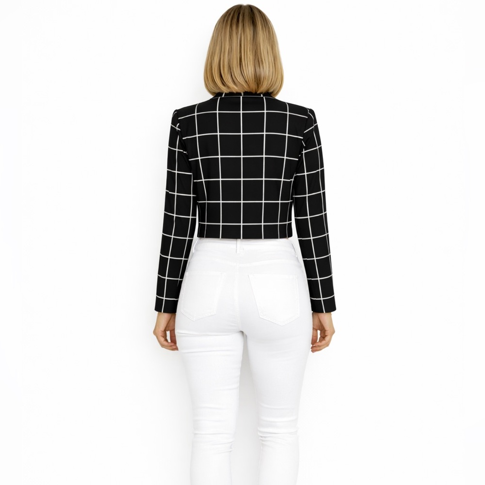 Black White Grid Cropped Blazer Jacket Modern Career Chic - Picture 2 of 5